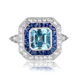 1-Carat Double Halo Aquamarine Ring Diamonds Sapphires Top View 12579