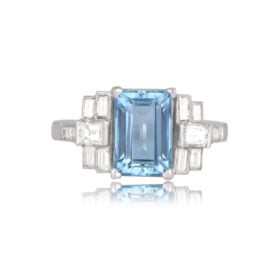 Emerald-cut Aquamarine Framed by Diamonds Seine Ring Top View 12934