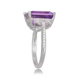 5.69 Carat 18k White Gold Ring Emerald Cut Amethyst and Round Brilliant Cut Diamond Accent - Shanghai Ring