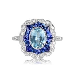 Aquamarine and Sapphire Halo Ring Easton Ring Top View 14471