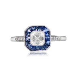 0.50ct Asccher Cut Diamond And Sapphire Halo Engagement Ring 13792-TV-1000