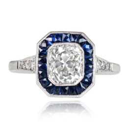 Antique Cushion Cut Diamond And French Cut Sapphire Platinum Engagement Ring 14045-TV-1000PX