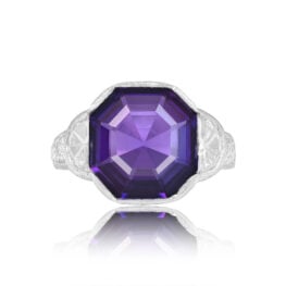 Top View 7.42ct Amethyst and Diamond on Platinum Ring Gemstone Ring 15357